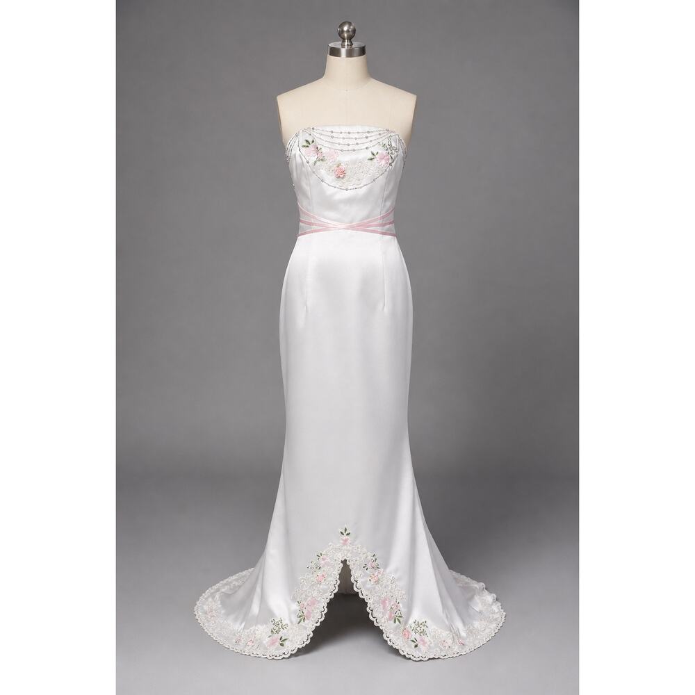 Retro Jovani Strapless Wedding Gown Size 2 Satin Floral Beaded Embroidered Dress